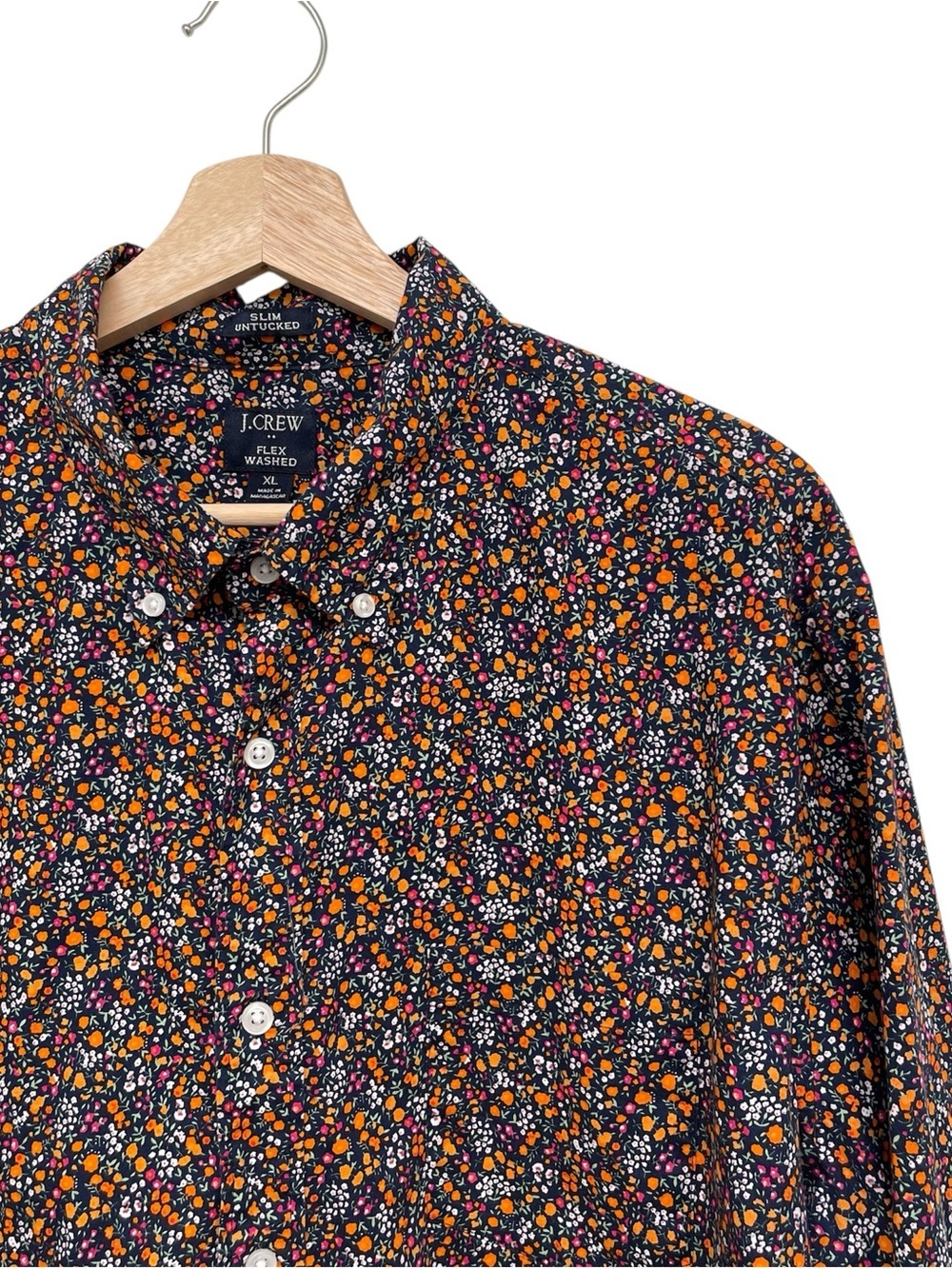 J. Crew Navy Floral L/S Button-Down Shirt with Orange, White and Pink Blooms XL